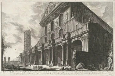 Sint-Paulus buiten de Muren te Rom Utsikt över St. Paul-basilikan utanför murarna, byggd av Konstantin den store (titel på objektet) Gezichten op Rome (serietitel) Utsikter över Rom tecknade och graverade av Giambattista Piranesi-arkitekten Ve(nez)iano (al