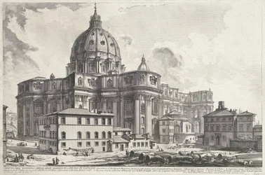 Sint-Pietersbasiliek vanaf sakristiantorget Vy över utsidan av den stora Peterskyrkan i Vatikanen (titel på objektet) Gezichten op Rome (serietitel) Utsikt över Rom designad och graverad av Giambattista Piranesi-arkitekten Ve (nez) iano (ser)