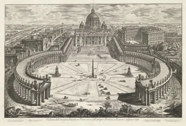 Sint-Pietersplein med de Sint-Pietersbasiliek te Vaticaanstad Utsikt över den berömda Vatikanbasilikan med dess stora portik och intilliggande Piazza (titel på objektet) Gezichten op Rome (serietitel) Utsikt över Rom designad och graverad av Giambattista P