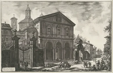 Sint-Sebastiaan buiten de Muren te Rom Utsikt över basilikan S. Sebastiano utanför Roms murar, på Via Appia (titel på objektet) Gezichten op Rome (serietitel) Utsikt över Rom designad och graverad av Giambattista Piranesi-arkitekten Ve (nez) ian
