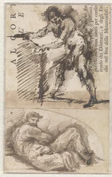 Studie av en stående mansfigur som mäter upp en sockel (a). Studie efter Michelangelos Il Giorno (b)