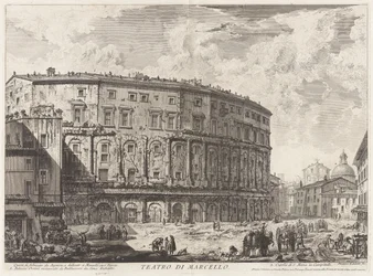 Marcellus teater. Denna byggdes av Augustus, och tillägnad hans brorson Marcellus (The Theatre of Marcellus. Denna byggnad byggdes av Augustus, och tillägnad hans brorson Marcellus), från Vedute di Roma (Utsikt över Rom)