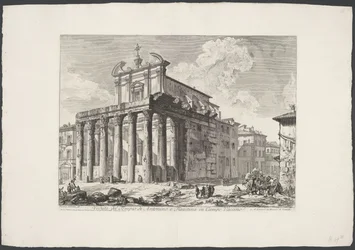 Tempel van Antoninus en Faustina te Rom Utsikt över Antoninus och Faustinas tempel i Campo Vaccino (titel på objektet) Gezichten op Rome (serietitel) Utsikt över Rom designad och graverad av Giambattista Piranesi-arkitekten Ve (nez) iano (serietitel)