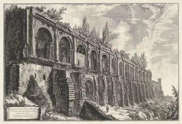 Tempel van Hercules Victor t och Tivoli Rester av Villa di Mecenate i Tivoli, byggda av travertiner av osäkra verk (titel på objekt) Gezichten op Rome (serietitel) Utsikt över Rom designad och graverad av Giambattista Piranesi-arkitekten Ve (nez) iano (