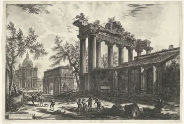Tempel van Saturnus i Rom En annan vy av resterna av Pronaos från Concordiatemplet (titel på objektet) Gezichten op Rome (serietitel) Utsikt över Rom designad och graverad av Giambattista Piranesi-arkitekten Ve (nez) iano (serietitel)