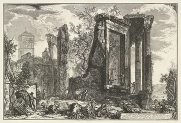 Tempel van Vesta en de Tempel van de Tiburtijnse Sibille i Tivoli En annan utsikt över Sibylltemplet i Tivoli (titel på objekt) Gezichten op Rome (serietitel) Utsikt över Rom designad och graverad av Giambattista Piranesi-arkitekten Ve (nez) iano (ser)