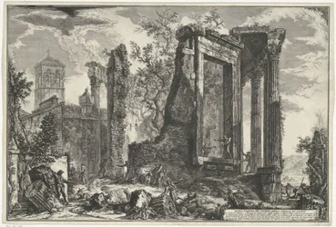 Tempel van Vesta en de Tempel van de Tiburtijnse Sibille i Tivoli En annan utsikt över Sibylltemplet i Tivoli (titel på objekt) Gezichten op Rome (serietitel) Utsikt över Rom designad och graverad av Giambattista Piranesi-arkitekten Ve (nez) iano (ser)