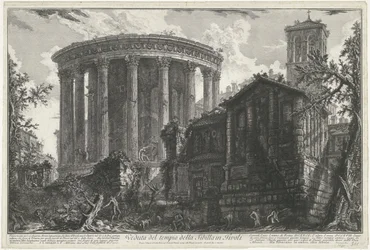 Tempel van Vesta en de Tempel van de Tiburtijnse Sibille i Tivoli Utsikt över sibyllans tempel i Tivoli (titel på objektet) Gezichten op Rome (serietitel) Utsikt över Rom designad och graverad av Giambattista Piranesi-arkitekten Ve (nez) iano (serie ti