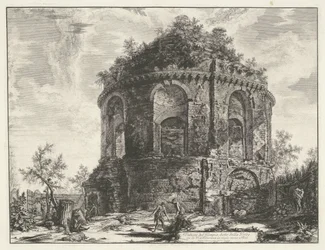 Hostestempel vid Tivoli Utsikt över templet, kallat della Tosse på Via Tiburtina, en mil nära Tivoli (titel på objektet) Gezichten op Rome (serietitel) Utsikt över Rom designad och graverad av Giambattista Piranesi-arkitekten Ve (nez) iano (seri)