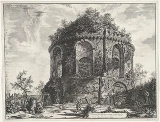 Hostestempel vid Tivoli Utsikt över templet, kallat della Tosse på Via Tiburtina, en mil nära Tivoli (titel på objektet) Gezichten op Rome (serietitel) Utsikt över Rom designad och graverad av Giambattista Piranesi-arkitekten Ve (nez) iano (seri)