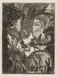 The Prisons: A Perspective of Arches with a Smoking Fire in the Center