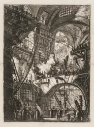 The Prisons: A Perspective of Arches with a Smoking Fire in the Center.