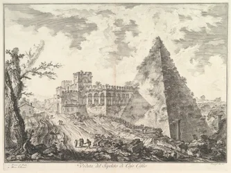 Caius Cestius-pyramiden, med Porta S. Paolo och den angränsande vägen Veduta del S..., ca. 1755.