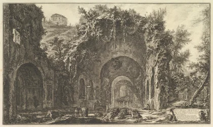 Den så kallade Grotto of Egeria Utsikt över källan och grottorna i Egeria utanför ..., ca. 1766.