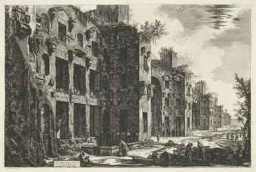 Thermen van Diocletianus i Rom Utsikt över de övre lämningarna av Diocletianus bad i S. Maria degli Angeli (titel på objektet) Gezichten op Rome (serietitel) Utsikt över Rom designad och graverad av Giambattista Piranesi-arkitekten Ve (nez) iano (seri)