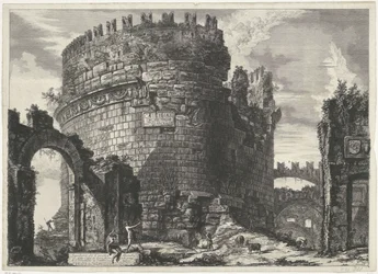 Tombe van Caecilia Metella te Rom Cecilia Metells grav (...) (titel på objekt) Gezichten op Rome (serietitel) Utsikt över Rom designad och graverad av Giambattista Piranesi-arkitekten Ve (nez) iano (serietitel)
