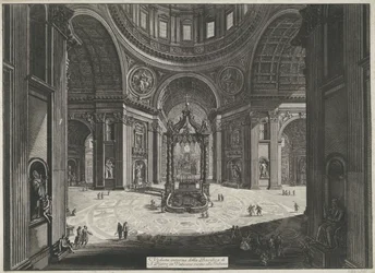 Transept van de Sint-Pietersbasiliek te Vaticaanstad Interiörvy av Peterskyrkan i Vatikanen nära Tribuna (titel på objektet) Gezichten op Rome (serietitel) Utsikt över Rom designad och graverad av Giambattista Piranesi-arkitekten Ve (