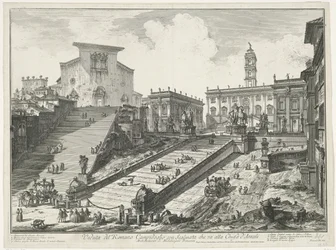 Trappen till Piazza del Campidoglio en de Santa Maria i Aracoeli te Rom Utsikt över den romerska Capitolium med trappa som leder till kyrkan Araceli (titel på objektet) Gezichten op Rome (serietitel) Vy över Rom tecknade och graverade av Giambattista Pira