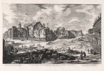 Utsikt över de övre ruinerna av Diocletianus bad [vy på avstånd som visar kyrkan Santa Maria degli Angeli]), från Vedute di Roma (Utsikt över Rom)