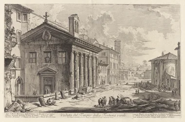 Utsikt över Temple of Manly Fortune. Idag S. Maria Egizziaca degli Armeni (Utsikt över templet Fortuna Virilis. Nu den armeniska kyrkan Santa Maria Egizziaca [nu tros vara Portunus tempel]), från Vedute di Roma (Utsikt över Rom)