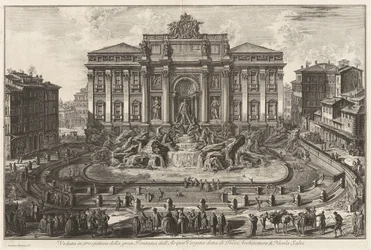 Perspektivisk vy över den stora fontänen vid Acqua Vergine, kallad Trevifontänen, arkitektur av Nicola Salvi, ur Vedute di Roma