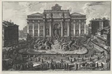 Perspektivisk vy över den stora fontänen Acqua Vergine, kallad Trevi, arkitektur av Nicola Salvi