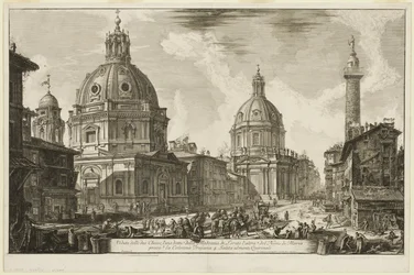 Vy över två kyrkor, den ena kallas 1. S. Maria di Loreto, den andra 2. The Name of Mary, nära 3. Trajans kolonn. 4. Uppstigningen till Quirinal, från Vyer över Rom