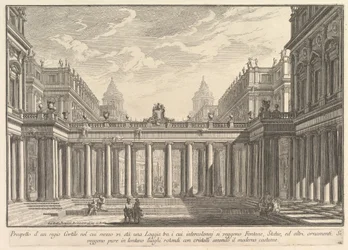 Utsikt över en innergård med en loggia, fontäner, statyer och andra prydnadsföremål Prospetto ..., ca. 1750.