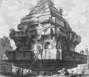 Vy över en stor struktur, resterna av Metellis grav på Appian Way..., 1756-57.