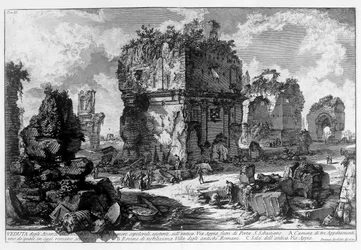 Utsikt över en grav på Via Appia i Rom. Teckning av Giovanni Piranesi (känd som Piranese) (1720-1778). 1756