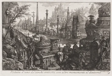 Utsikt över en gammal cirkus med andra monument inuti, ca 1760 (etsning)