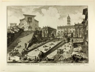 Utsikt över Capitoline Hill med trappstegen till kyrkan S. Maria i Aracoeli, från utsikt över Rom