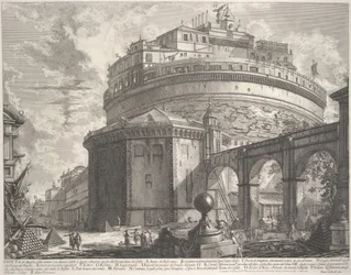 Utsikt över kejsar Hadrianus mausoleum som nu kallas Castel S. Angelo..., ca. 1756.