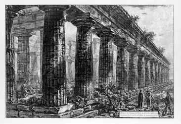 Utsikt över templen i Paestum (litho)