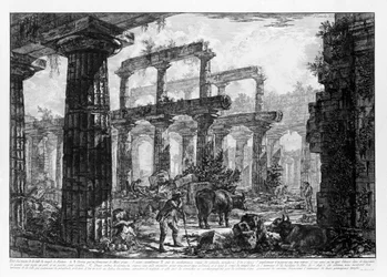 Utsikt över templen i Paestum (litho)