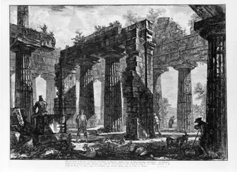 Utsikt över templen i Paestum (litho)