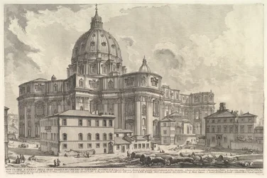 Vy över utsidan av Peterskyrkan i Vatikanen, från Vedute di Roma Roma..., ca. 1748.