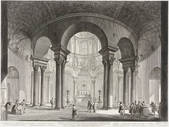 Vy över interiören i den heliga Costanzas grav, uppförd av Konstantin den store och felaktigt kallad Bacchus tempel, nu den heliga Costanzas kyrka.