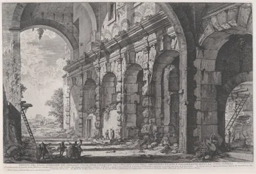 Utsikt över den övre våningen i Burarna för vilda djur byggda av kejsar Domitianus, förknippade med den flaviska amfiteatern och vanligen kallad Curia Hostilia, c.1760-1778 (etsning)