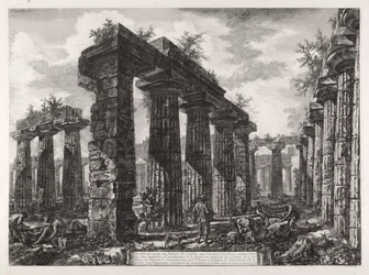 Vy över resterna av pronaos på byggnaden, som kan betraktas som amfiktyonernas kollegium, ur Olika vyer av Paestum