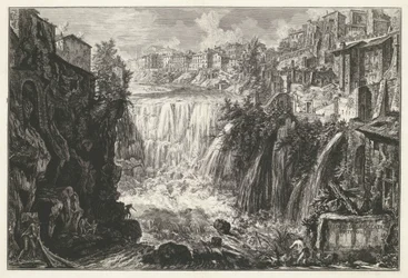 Waterval i Tivoli Utsikt över Tivoli-vattenfallet (titel på objekt) Gezichten op Rome (serietitel) Utsikt över Rom designad och graverad av Giambattista Piranesi-arkitekten Ve (nez) iano (serietitel)