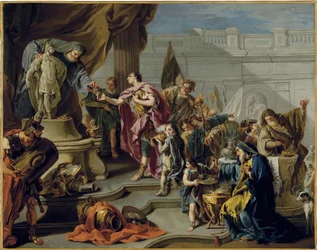 Afrikanen Scipion (Publius Cornelius Scipio Africanus) (235-183 f.Kr.) hyllar guden Mars (Scipio hyllar Mars) - Målning av Giovan Battista Pittoni (1687-1767), olja på duk (71,7x91,1 cm) - Privat samling