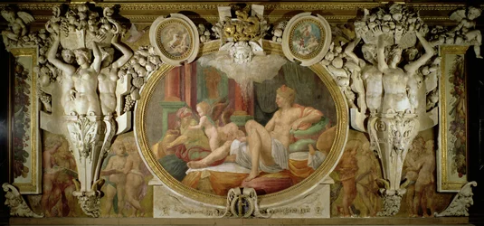 Danae, detalj av dekorativt schema i Francis I:s galleri, 1530-40 fresk