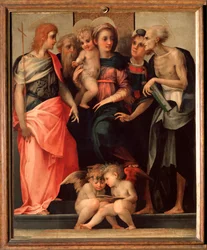 Heligt samtal (Ognissanti altartavla) - tempera på trä, ca 1518