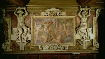 Jagar ut okunnighet, detalj av dekorativt schema i Francis I:s galleri, 1530-40 fresk och stuckatur