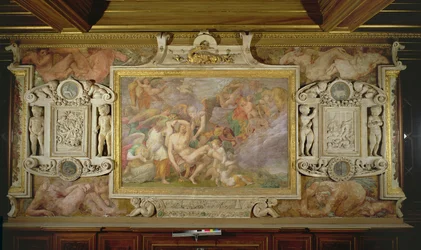 Adonis död, detalj av det dekorativa schemat i Francis I:s galleri, 1530-40 fresk och stuckatur
