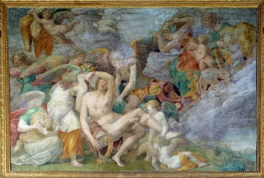 Adonis död, fresk i den 5:e södra travén i Frans I:s galleri i Fontainebleau. Målning av Giovanni Battista di Jacopo Rosso (1494-1541)