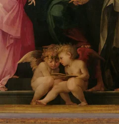 Två keruber som läser, detalj från Madonna och barn med heliga, 1518 paneldetalj av 50330