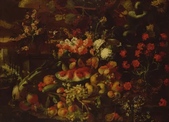 Stilleben med frukt, grönsaker och blommor