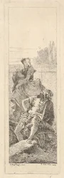En skäggig, sittande man tittar över sin högra axel mot ett barn och en kvinna som bär..., ca. 1750-55.